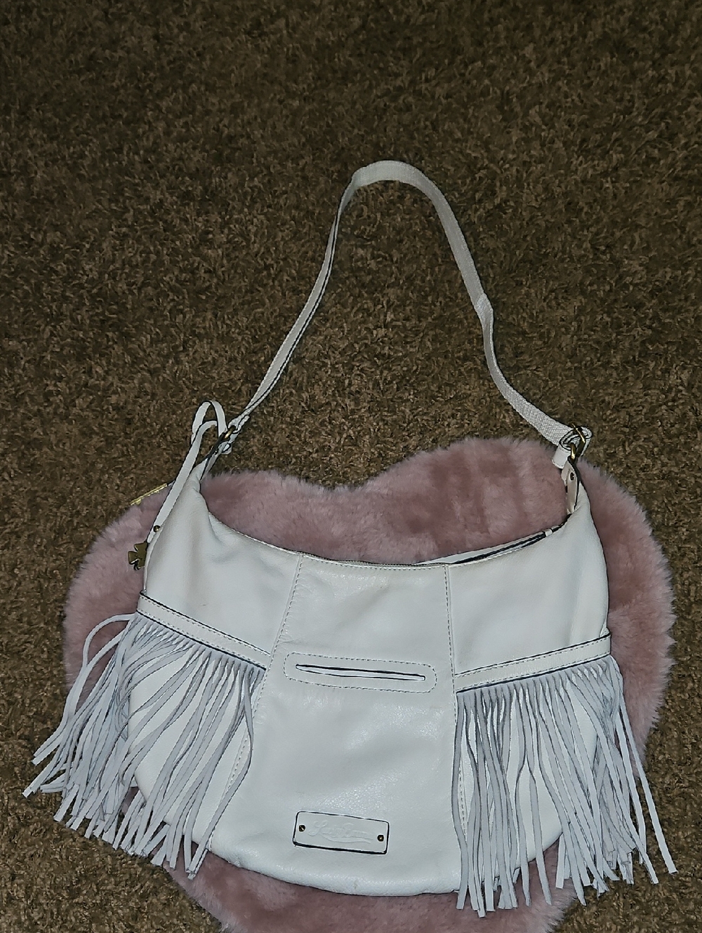 Lucky Brand White Fringe Leather Hobo Shoulder Bag Crossbody  15" X 11" X 2